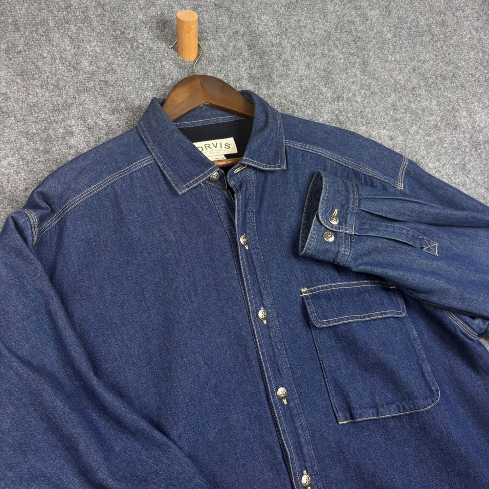 Orvis Mens XL Fleece Lined Denim Shirt Jacket Blue Cotton Button Up Heavyweight